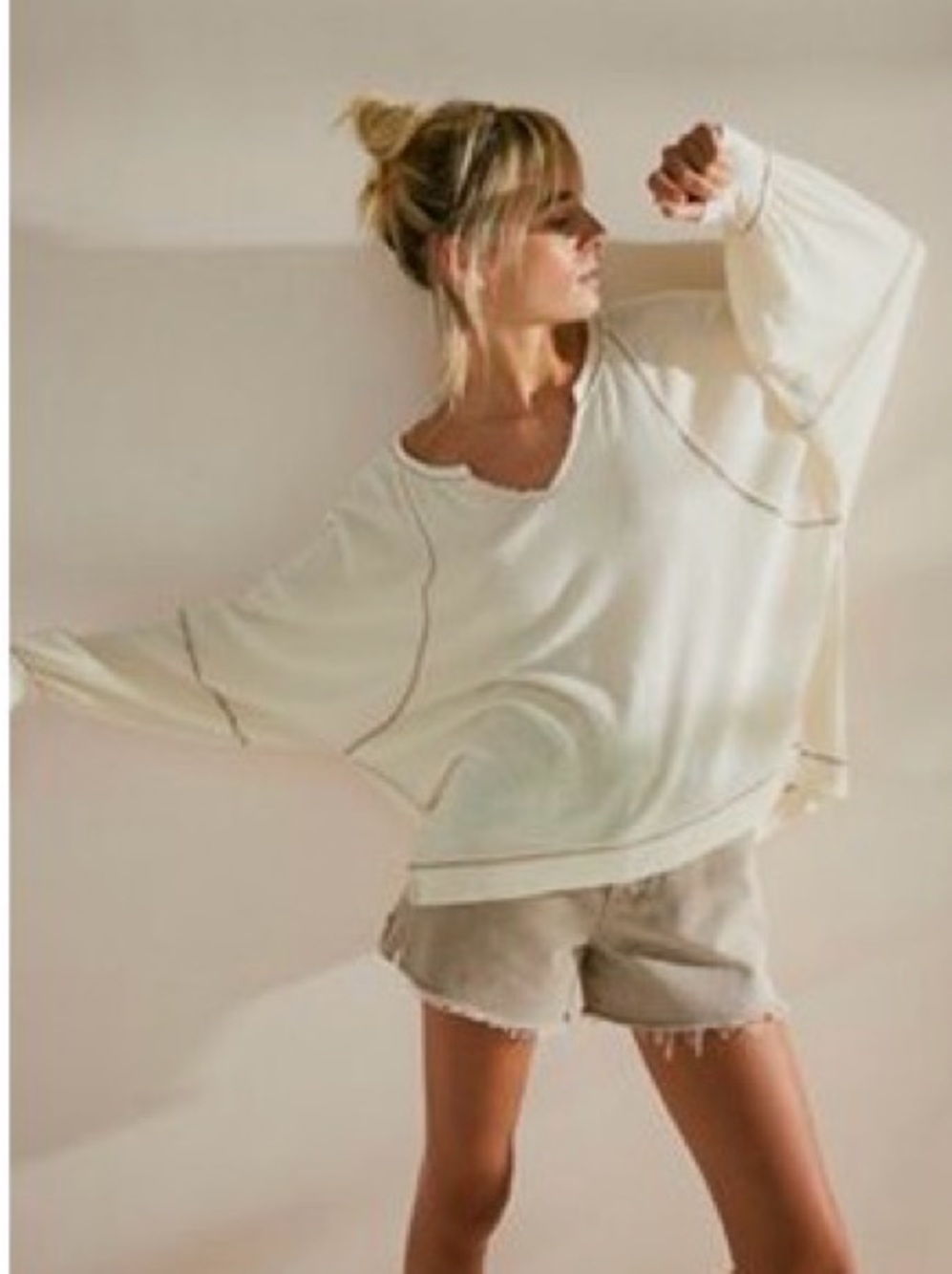 Free People Wish I Knew Tee - Oversized Cream V-Neck Lightweight Knit Top